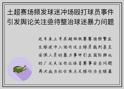 土超赛场频发球迷冲场殴打球员事件引发舆论关注亟待整治球迷暴力问题